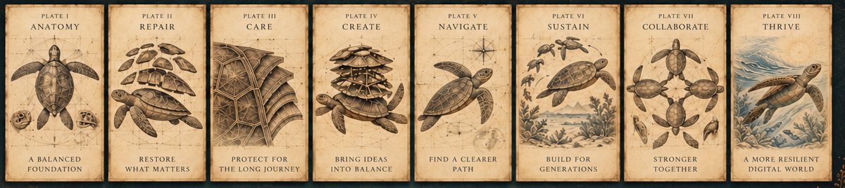 The complete approved eight-plate Atlas: Anatomy, Repair, Care, Create, Navigate, Sustain, Collaborate, and Thrive. Original titles, captions, borders and artwork are preserved together.